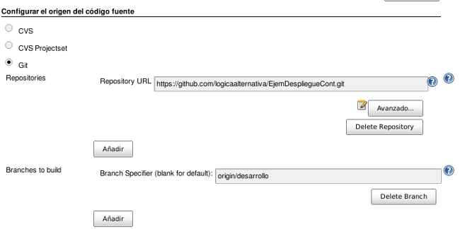 Pantallazo. Configuración del repositorio de versiones del job de jenkins 